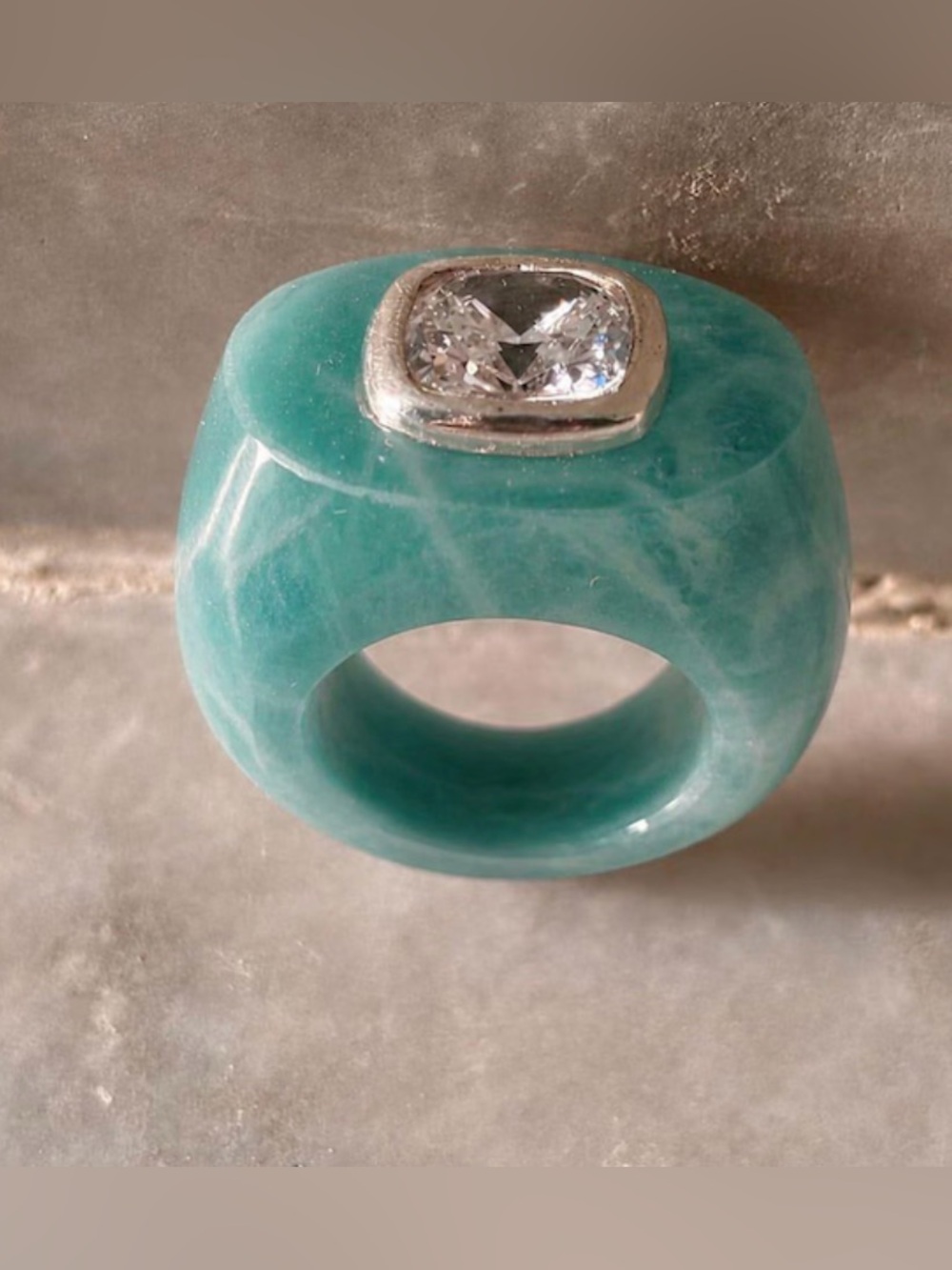 Amazonite ring , boho hand carved ring , Moissanite ring .